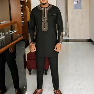 New Cross-border African Men's Set 2-Piece Long Sleeve Embroidered Men's Elegant Wedding Luxury Set