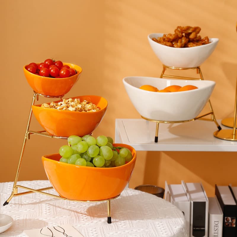 Cross-border Ceramic Three-Tier Multi-Layer Fruit Bowl European Style Snack Plate Detachable Iron Frame Candy Bowl Camping Light Luxury
