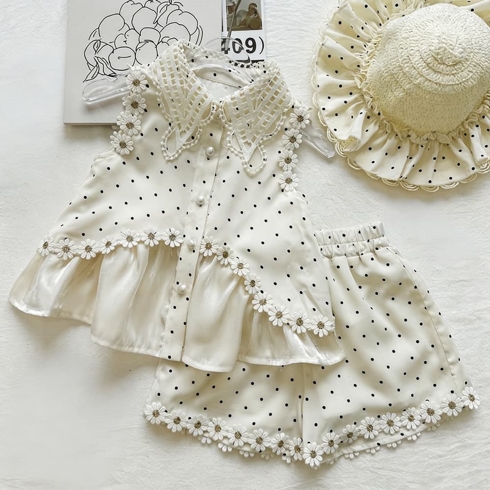 Girls' polka-dot doll shirt suit summer 2026 new spliced sleeveless lapel top lace shorts two-piece set