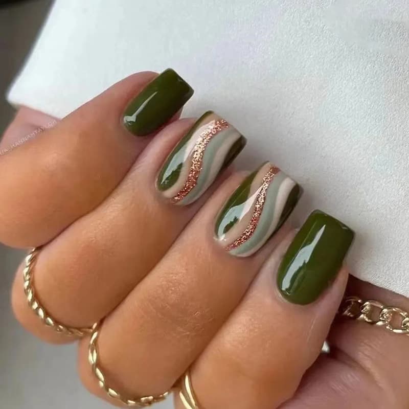Foreign trade style small fresh army green sparkling corrugated line manicure tablets high-end temperament niche environmentally friendly wearable nails