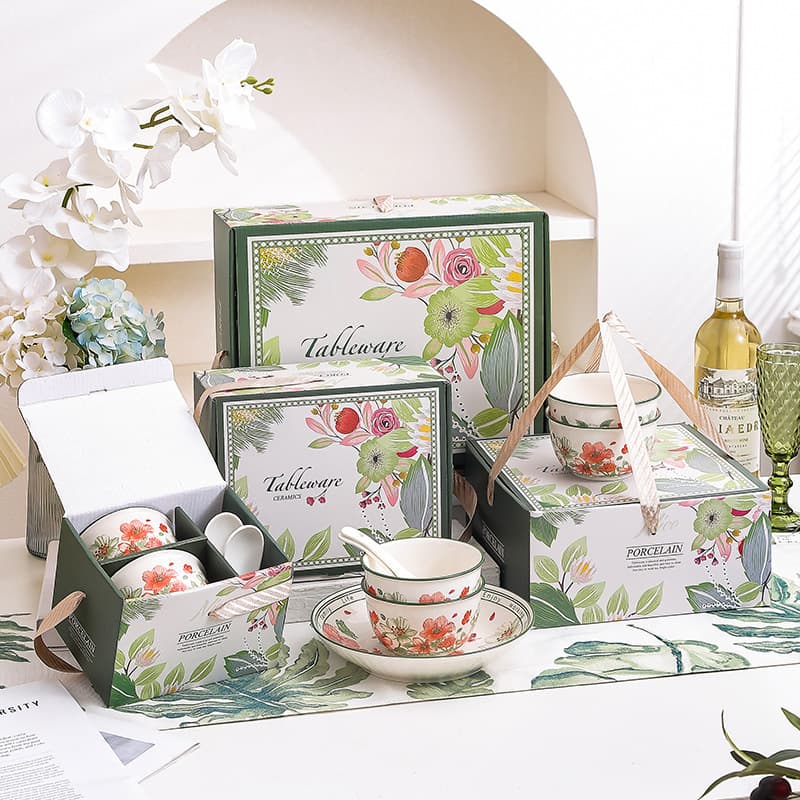 Floral Under-Glaze Bowl and Plate Set, Creative Ceramic Tableware Opening Event Handout Welfare Gifts Wholesale Rice Bowls