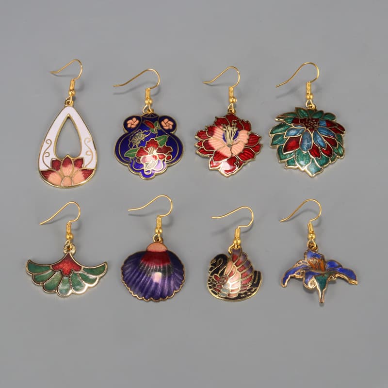 Beijing Cloisonné Ethnic Style Traditional Chinese Wedding Jewelry Earrings - Machine-made Enamel Seven Treasures Burning Earrings (Physical Gold Plated)