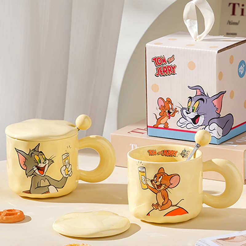 Tom and Jerry Coffee Mug with Lid and Spoon, High-Quality Ceramic Couple Mug, Cream Style Milk Mug