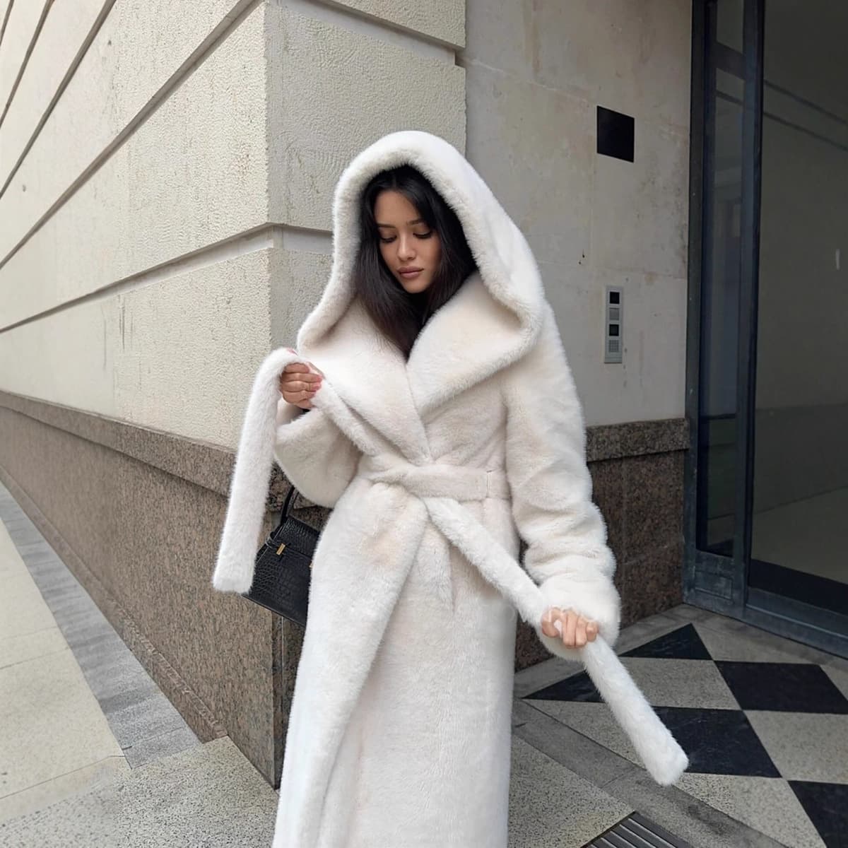 Cross-border Mink Fur Imitation Fur Coat Long Style Faux Fur Coat with Hood and Belt Plush Clothing