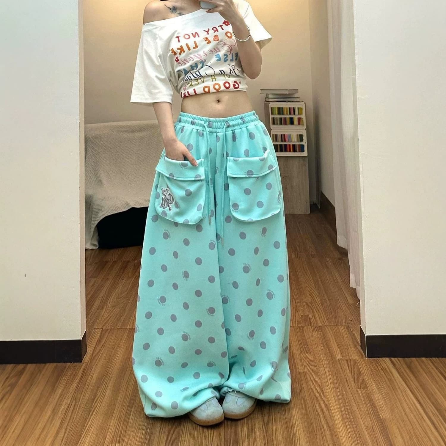 Dopamine polka dot wide leg pants casual pants women's three-dimensional pockets loose straight all-match slim dancing jazz pants