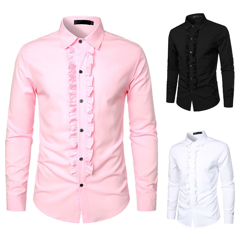 Men's Casual Long Sleeve Shirt Wedding Party Dress Shirt Trendy Floral Lace Trim Men's Fashion Autumn Wear Made in China