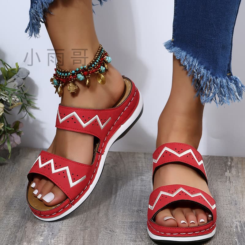 Women's Lightweight Embroidered Slippers One-Row Barrel Shape Casual Shoes Soft Rubber Sole Comfortable Breathable Footwear