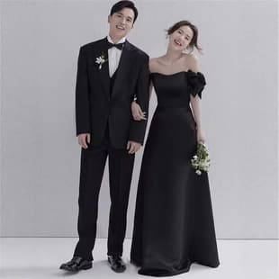 French Light Wedding Dress Black Satin Hepburn Style Studio Theme Bride Photo Certificate Registration Small Dress Off-Shoulder