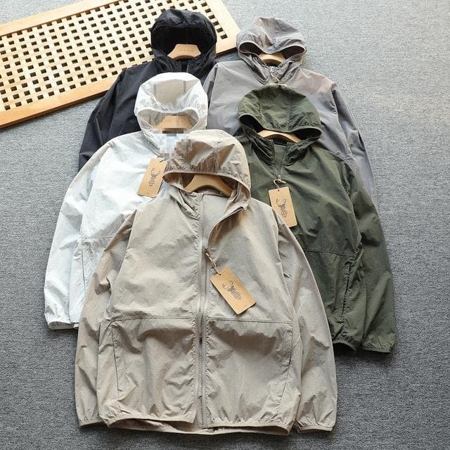 Men's sun protection skin clothing trendy summer new style punched breathable light and loose casual sports hooded jacket
