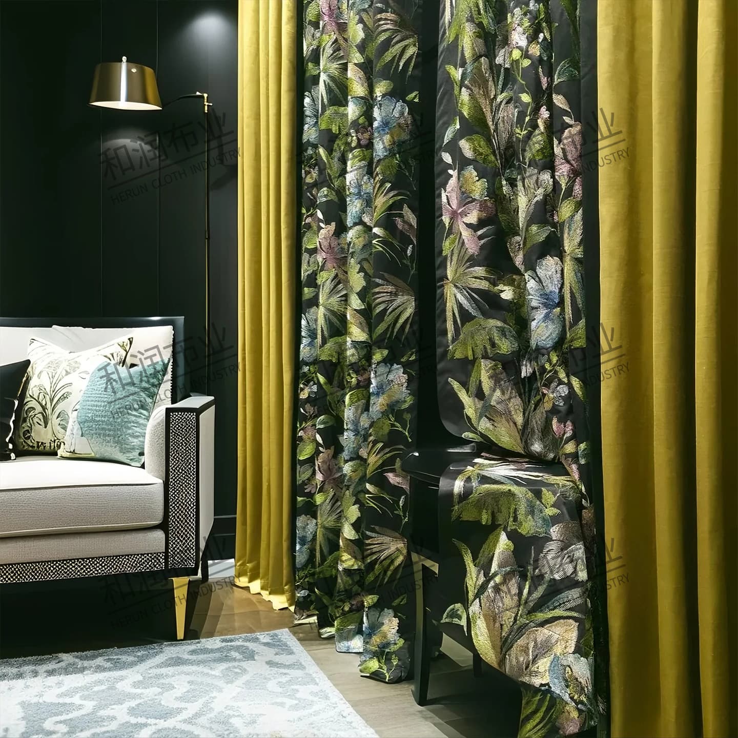 French retro luxury embroidered curtains green living room high-end villa American soft decoration living room bedroom new Chinese style