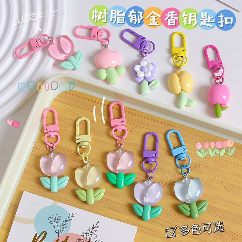 ins style resin tulip keychain pendant girl heart flower cute bag pendant bag decoration cross-border