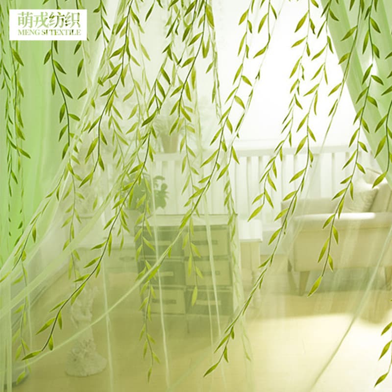 Shaoxing Curtains Green Willow Leaf Print Sheers for Living Room and Bedroom, Ready-Made Wholesale Cross-Border Best Seller