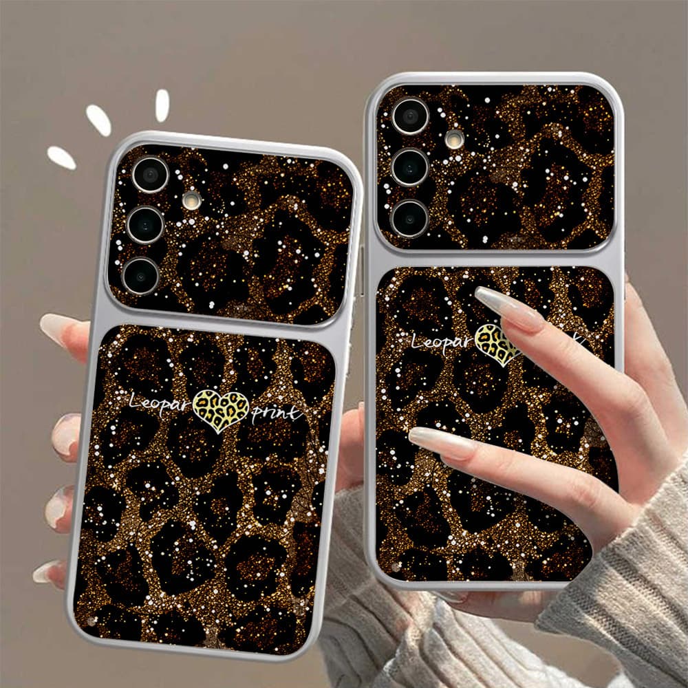 Heart Leopard Print Compatible with Samsung S24 Phone Case Soft Full Coverage Minimalist Trendy Large Window Shockproof S26Plus