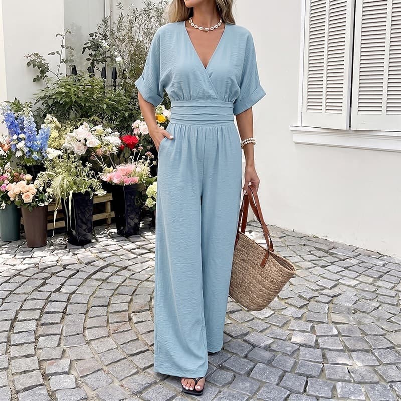 TikTok EU/US Cross-Border 2026 New Summer Soft Solid Wrap V-Neck Waist-Cinching Long Jumpsuit for Women