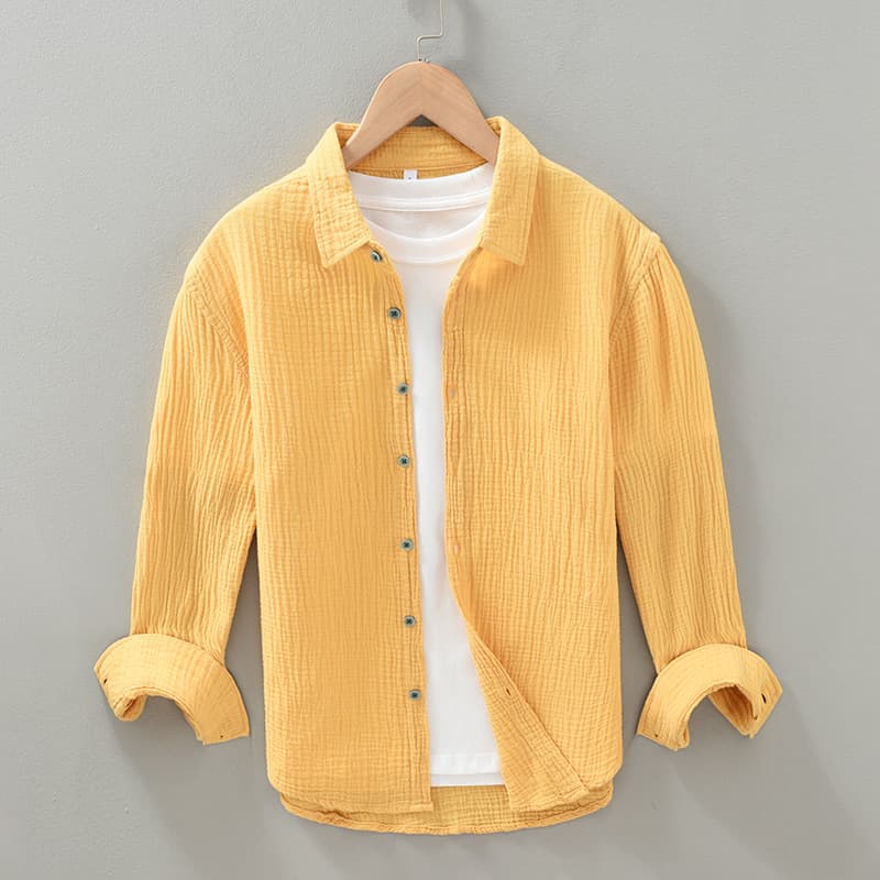 Double-Layer Cotton Yarn Shirt Men's Korean Version Slim Fit Smooths Your Silhouette Pure Cotton Long Sleeve White Casual Top