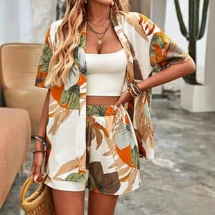 2026 Spring/Summer European and American Cross-Border Printed Short-Sleeve Cardigan + Shorts Two-Piece Set, Women's Elegant Loose Casual Suit