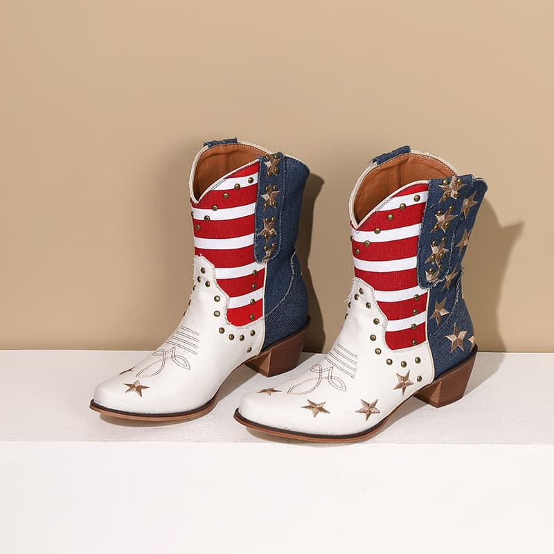 2023 Foreign Trade Cross-Border Large Size Dropshipping Autumn and Winter Women's Boots 40-43 Five-Star Striped Color-Blocking Rivet Chunky Heel Ankle Boots