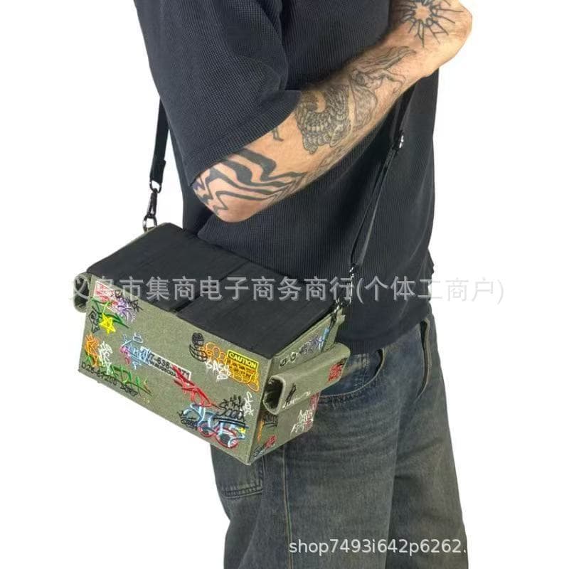 Fashionable New Canvas Embroidered Shoulder Bag in Army Green, Large Capacity Multi-Functional Organizer Bag, Trendy Graffiti Crossbody Bag