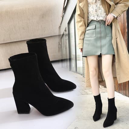 Women's Boots 2026 New Korean Style Fall Winter Mid-Calf Pointed Toe Chunky Heel Short Boots High Heels Stretch Boots for Women