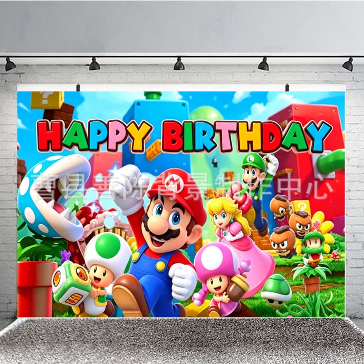 Cross-Border Mario Birthday Background Cloth, Birthday Party Decoration Photo Backdrop, Realistic Background Cloth