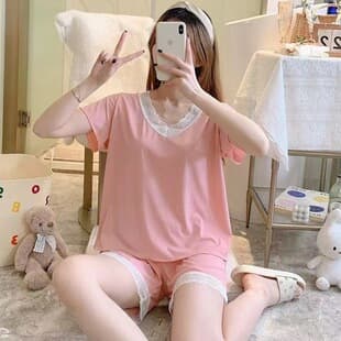 2026 New Summer Short Sleeve and Shorts Ice Silk Cool Feeling Pajama Lace Homewear Set Wear-Out Pajamas for Women