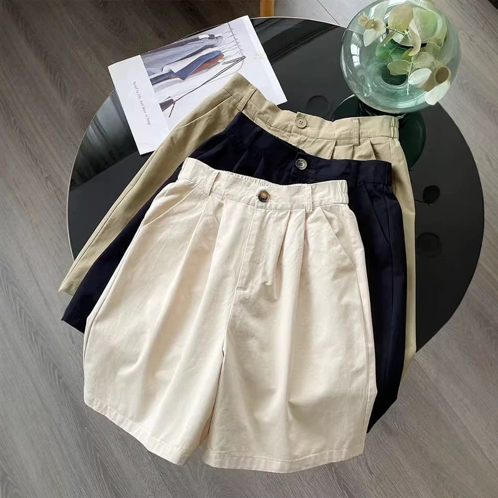 [Washed cotton, inner edge] Wide-leg cargo shorts, loose, slimming, casual three-quarter pants for women, summer