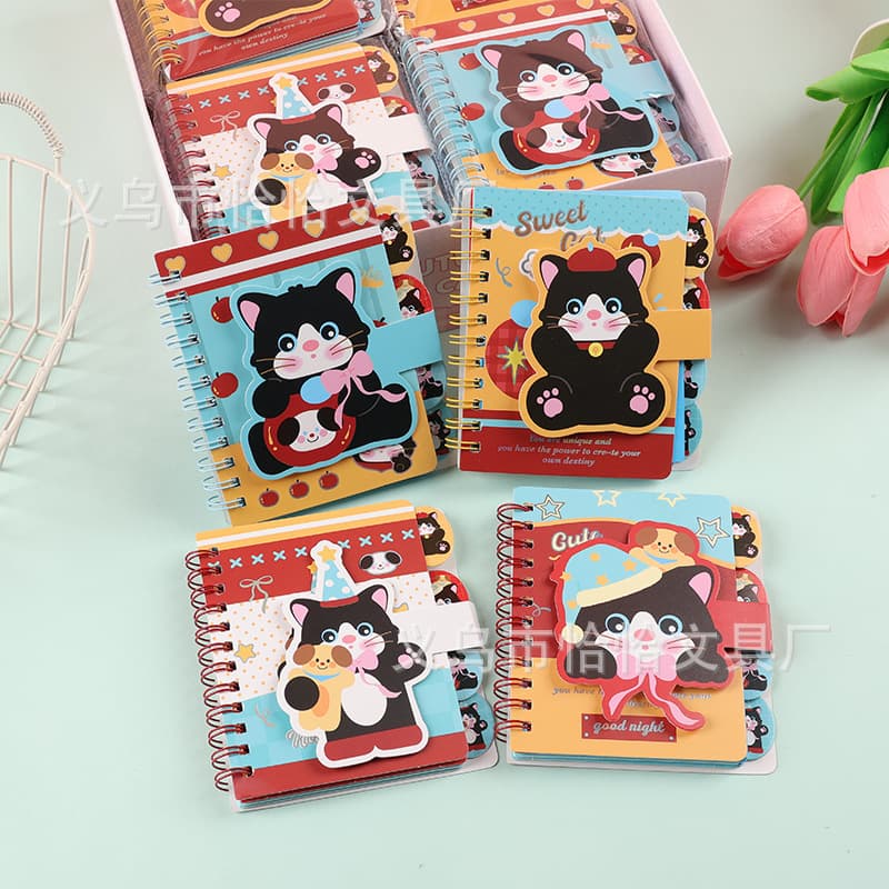 Cartoon 3D Kitten Classification Coil Notebook Student Portable Pocket Memo Notebook Velcro Creative Notebook