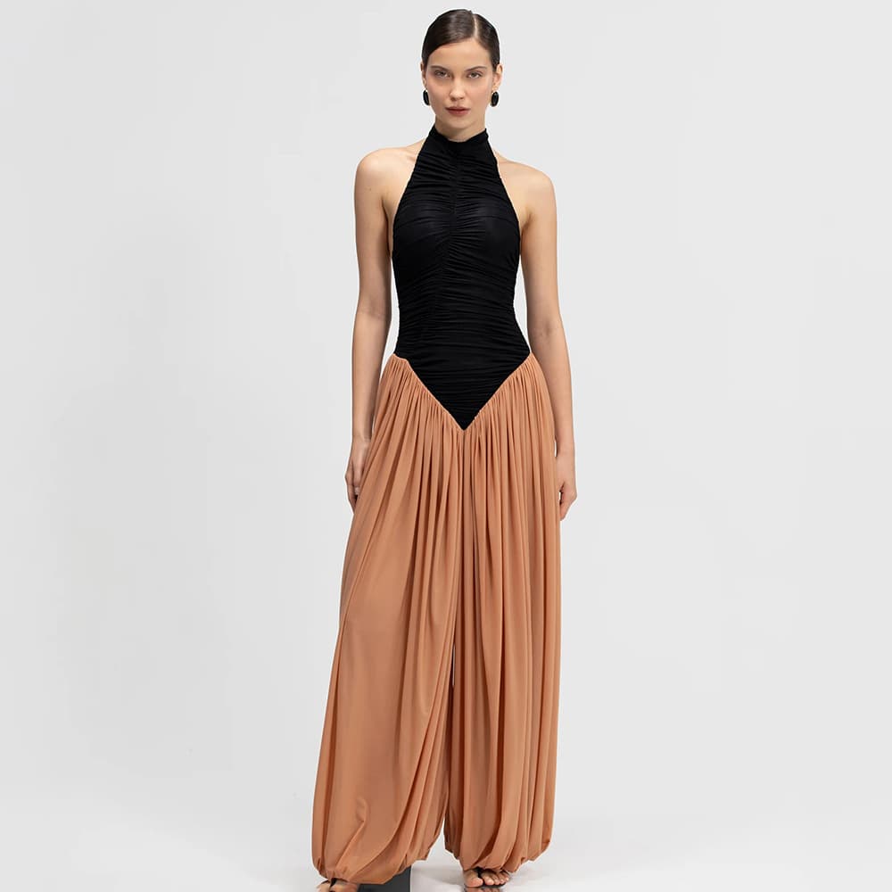 Summer European and American Women's Office Simple Halter Neck Jumpsuit Ruched Draped Backless Contrast Color Jumpsuit Women Wholesale