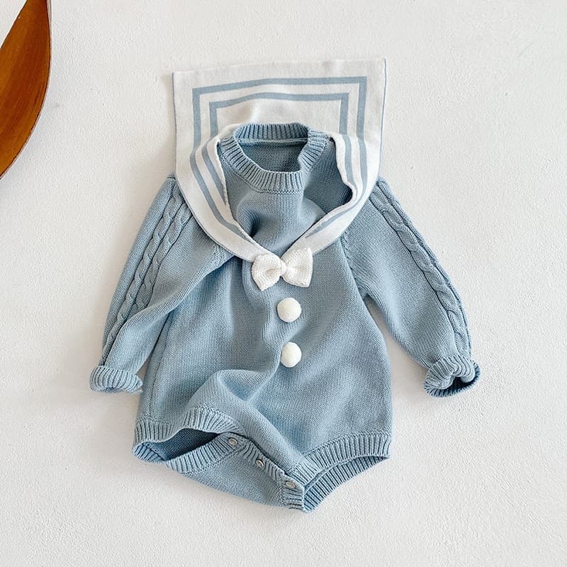 ins Spring and Autumn Baby Girl Infant Sailor Collar Bow Knit Bodysuit Romper Crawling Outfit