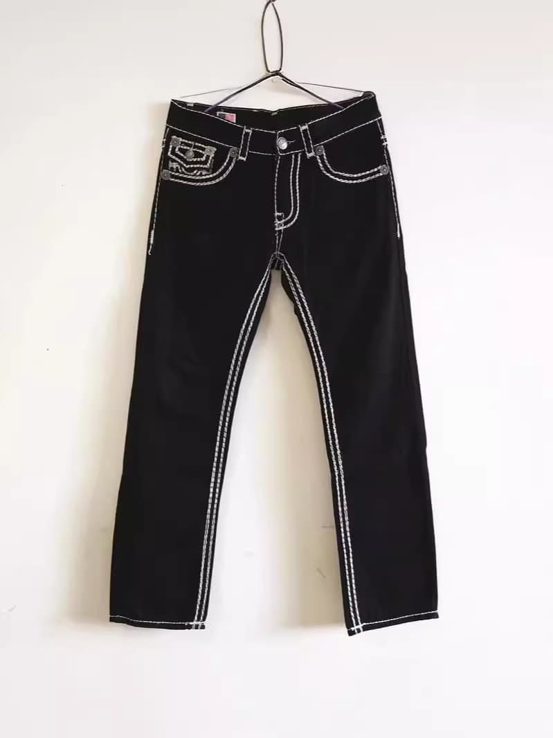 Cross-Border E-Commerce European and American Trendy Rock Style Men's Jeans, White Thick-Line Faith Design, Large Size Loose Straight Pants, Black