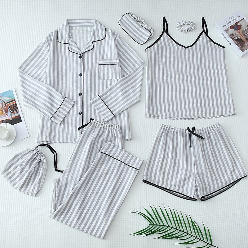 Four-Season Bubble Crepe Cotton Pajamas, OZON Factory Direct Supply, Women's Vest and Shorts Seven-Piece Loungewear Set