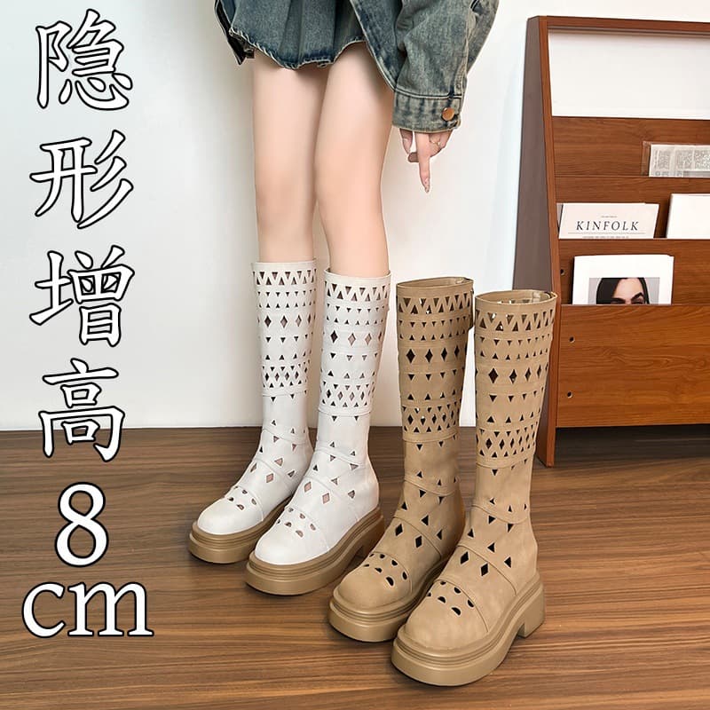 Vintage Maillard Hollow-Out Tall Boots for Women, Thin Style, Spring and Summer Versatile Breathable Long Boots, Below-the-Knee Riding Boots