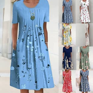 Cross-border Export 2026 eBay Amazon Wish Spring/Summer Floral Print Round Neck Pocket Midi Dress Women's Clothing