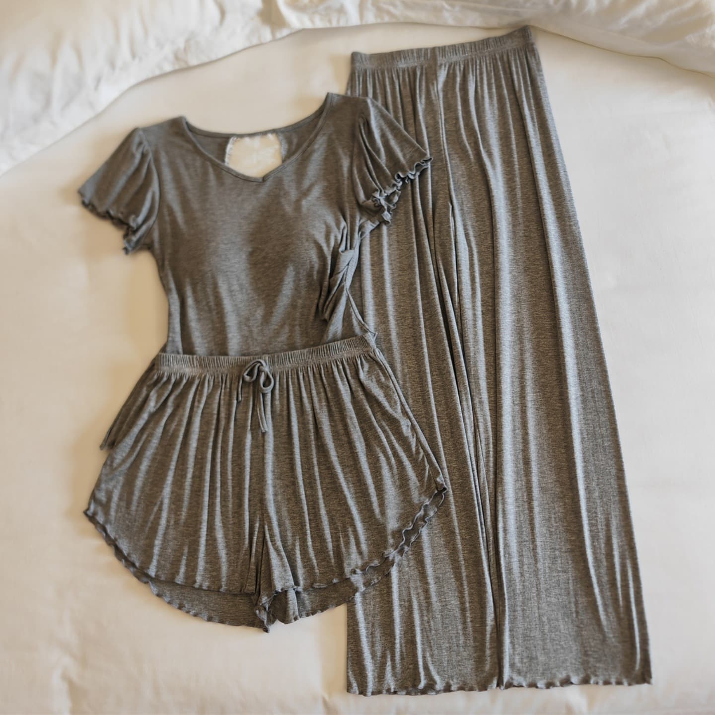 Women's Pajama Set with Built-in Bra, Short Sleeve, Lace Trim, 3-Piece, Summer, Thin, Sexy, Pure Style, Modal Homewear