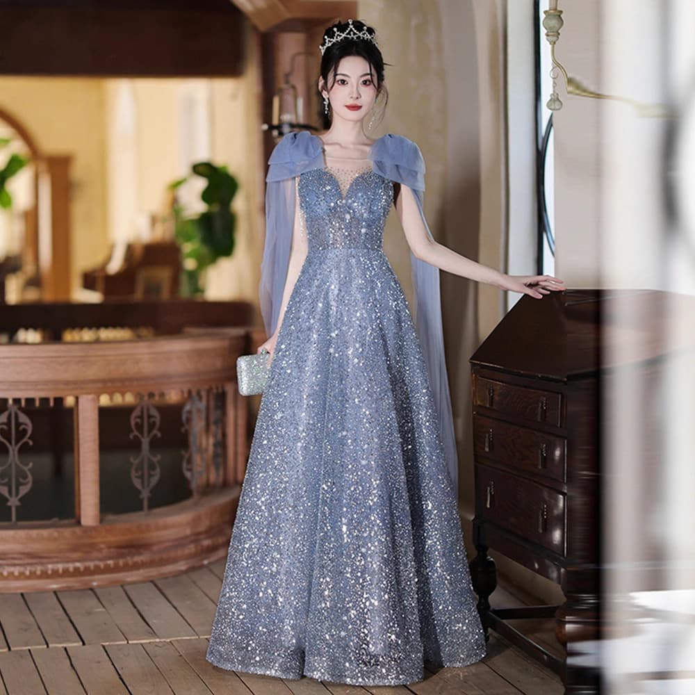 Blue Evening Gown Dress Women 2026 New Light Luxury Niche Guzheng Performance Dress Host Runway Long Dress