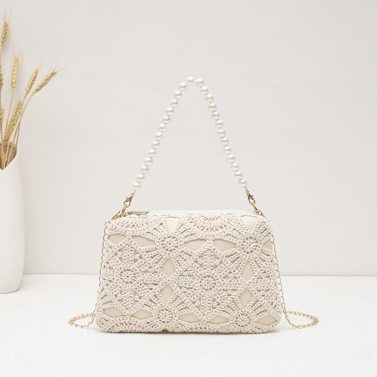 Lace Pearl Handbag New Hollow-Out Craft Bag Korean Fashion Shoulder Bag Premium Women's Bag