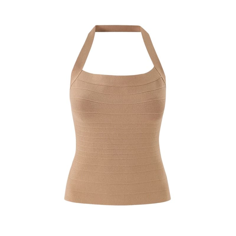 French Style Fresh Halter Knit Tank Top for Women, Design Back Zipper Fitted Outerwear Layering Camisole Top