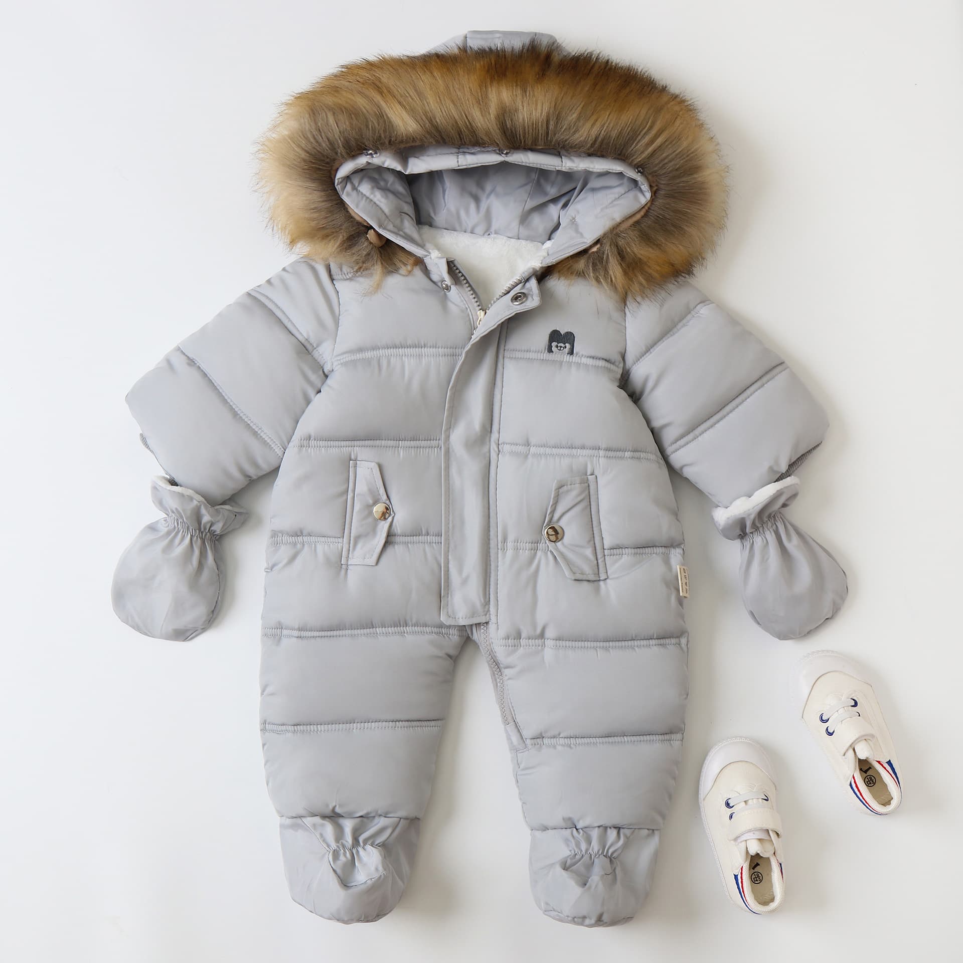 Cross-border Exclusive Hooded Fleece-Lined Thick Baby Romper 2026 Winter New Style with Mittens Crawling Suit