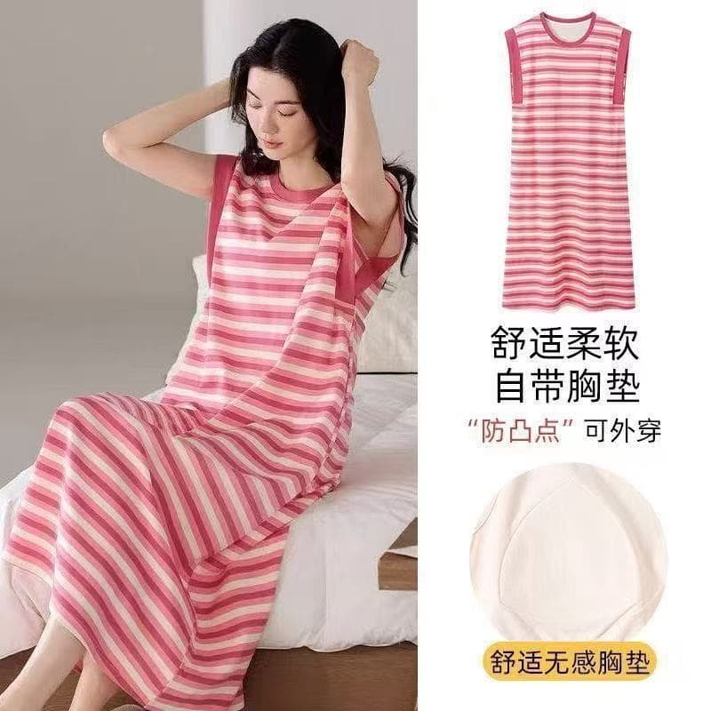 Striped Sleep Dress Women's Sexy Pajama with Padded Bra Loose Plus Size Wearable Loungewear 2026 New Summer