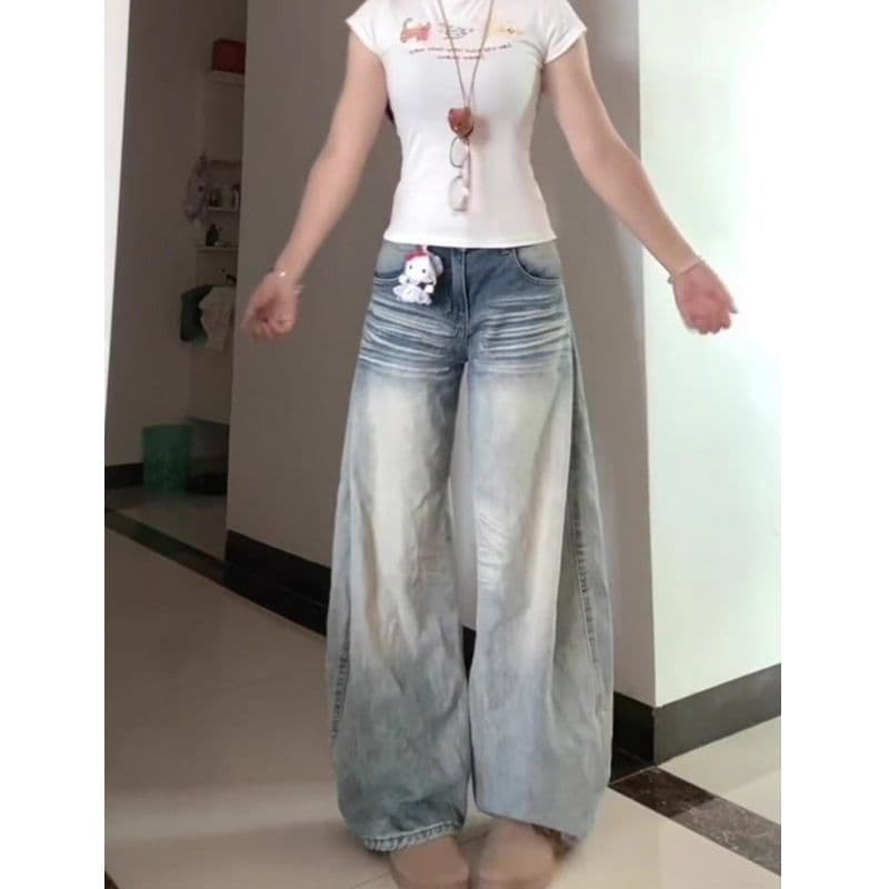 Small ins trendy design jeans for women with pockets, slimming low-waist machete straight loose floor-length mopping pants