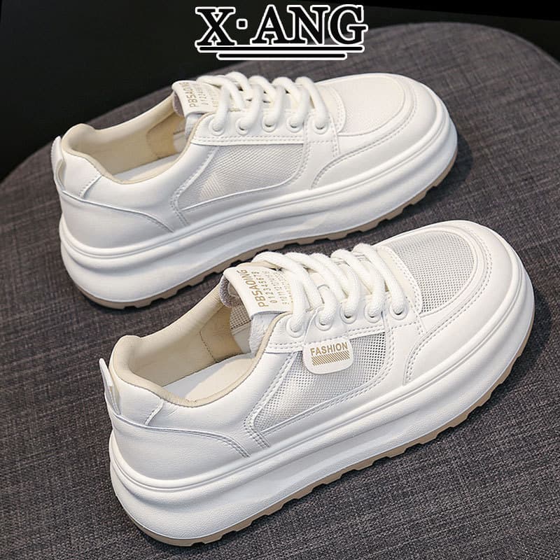 Genuine Leather Thick Sole White Sneakers for Women Breathable Mesh Women's Shoes 2026 Summer New Elevated Platform Shoes Casual Sports Shoes