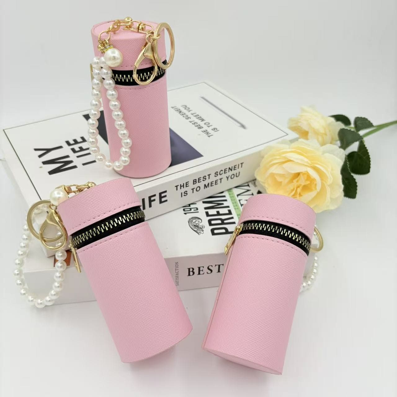 New European and American style lipstick-shaped cylindrical leather solid color coin purse mini key pouch car key pendant