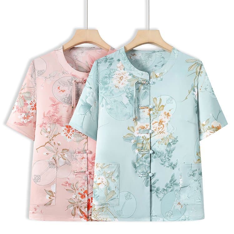 Summer clothing for middle-aged and elderly women, short-sleeved shirts, chiffon sets, new Chinese style comfortable clothes for seniors.