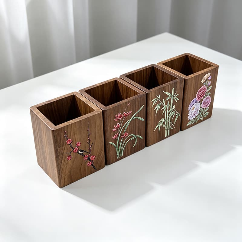 Teak Painted Brush Holder with Plum, Orchid, Bamboo, and Chrysanthemum Motifs, Solid Wood Pen Organizer for Office Desk Storage, Student Stationery, Chinese Study Room Decor