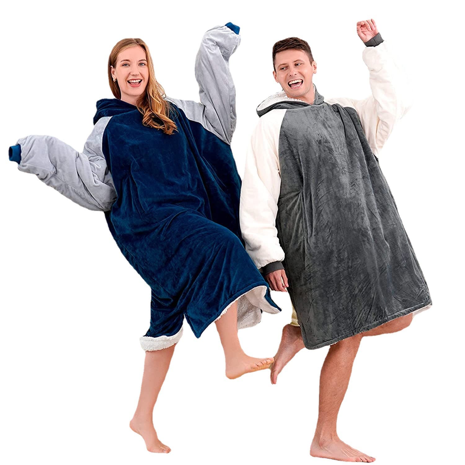 Amazon Bestseller Sherpa Hooded Lazy Blanket Color-block Wearable with Pocket TV Blanket Home Pullover Lazy Clothes