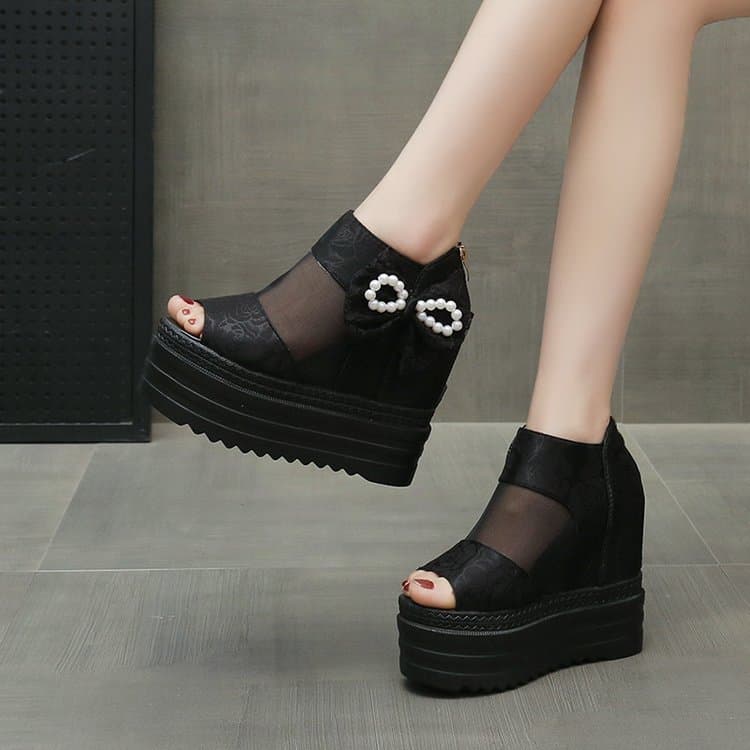 Wedge High Heel Sandals 12CM Platform Chunky Heel Mesh Peep Toe Shoes Spring Summer New Style Height Increasing Women's Shoes