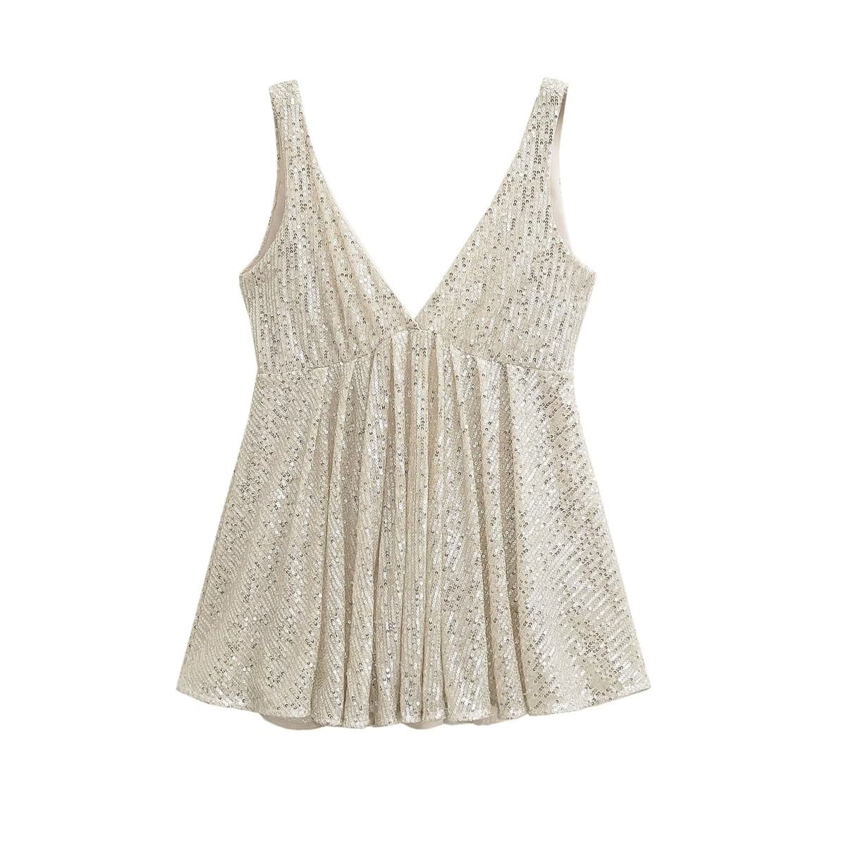 French Design V-Neck Sequin Sleeveless Camisole Top for Women Spring Slim Fit Sexy Chic New Arrival