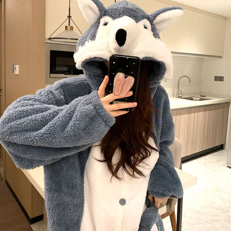 Women's Winter Sleepwear Robe, Thick Flannel Long Bathrobe for Students, Kids, Korean Style