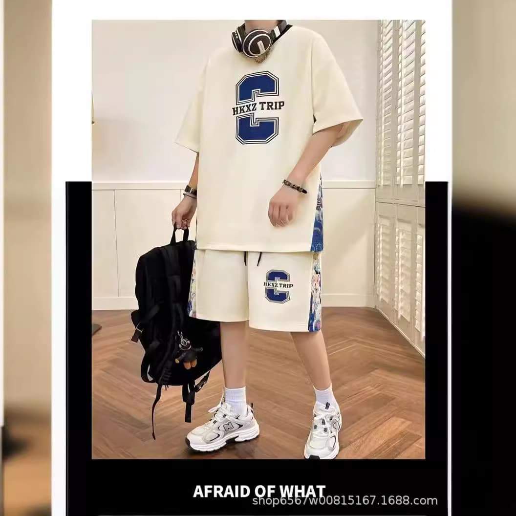 Summer Short Sleeve Shorts Set Large Size Print Half Sleeve Five-Point Pants Men's Wear Matching Handsome Cool Sportswear T-shirt