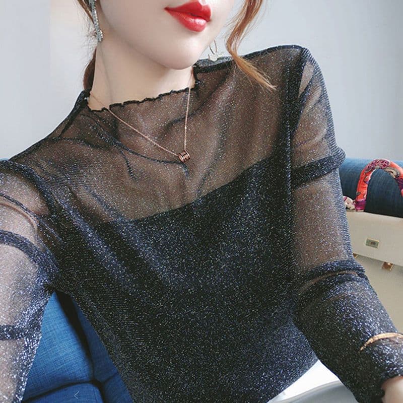 Regular/Fleece-lined Glitter Mesh Long-sleeved Base Layer Top, New Style Lace Shirt, Slim Fit, Versatile, Stylish Top for Women